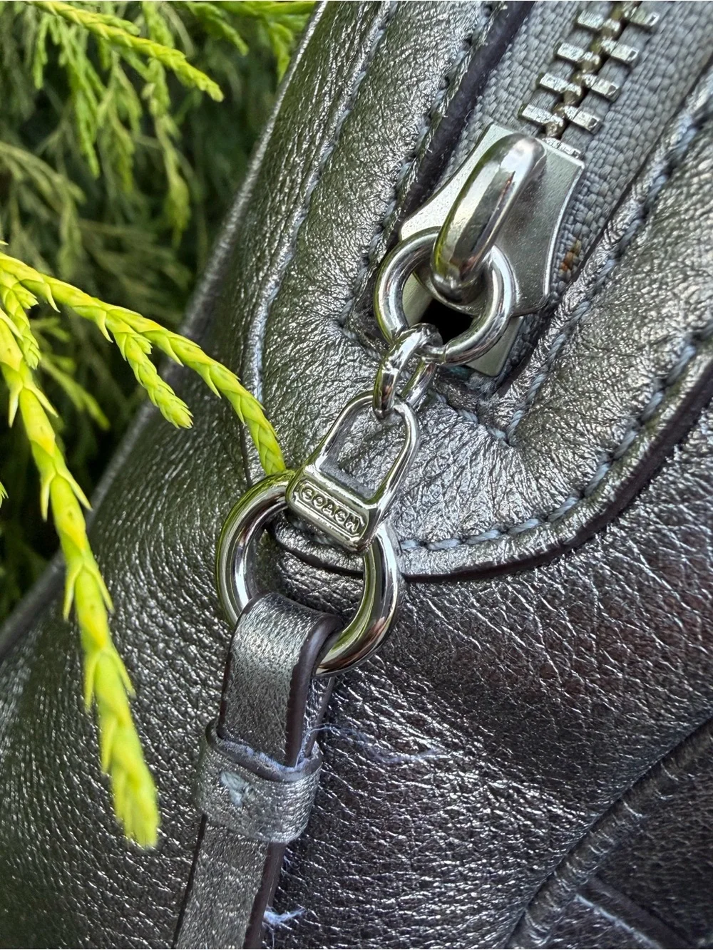 Coach Poppy Metallic Leather  Silver Pushlock Satchel 17888 With Crossbody Strap